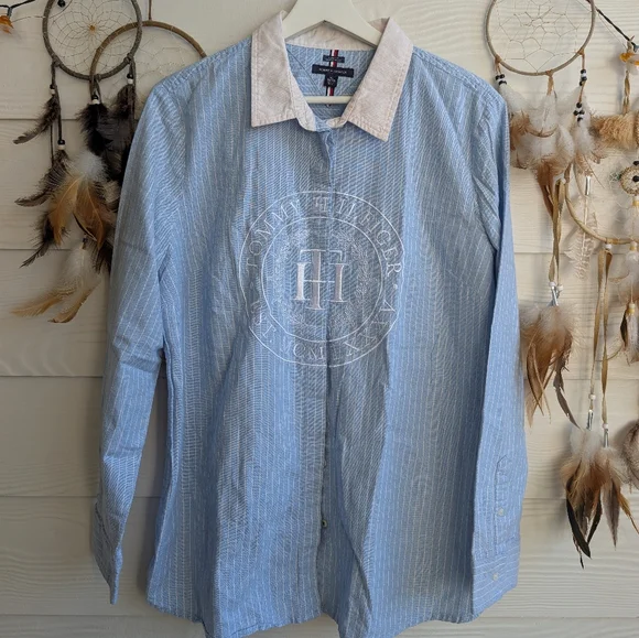 TOMMY HILFIGER Blue Striped Embroidered Logo Cotton Shirt - Picture 5 of 8